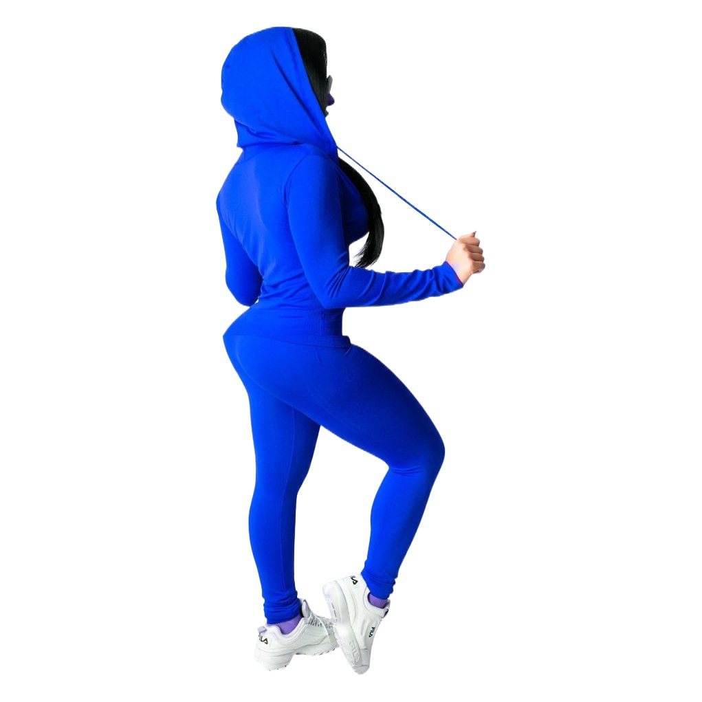 9547#2024 spring new Dunhuang Amazon foreign trade Europe and the United States sexy casual solid color hooded two-piece set