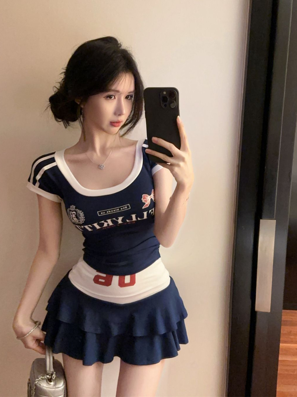 American Retro Sexy Contrasting Color Slimming Look Short-Sleeved T-Shirt Top Women's Summer Jersey Style Sexy A-Line Skirt Sports Suit