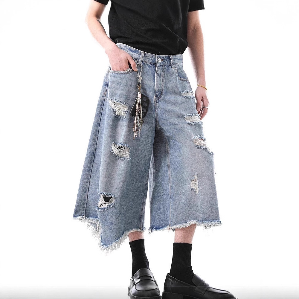 BLANKIN American High Street Vintage Washed Ripped Denim Shorts Casual Loose Wide-Leg Fringed Capri Pants