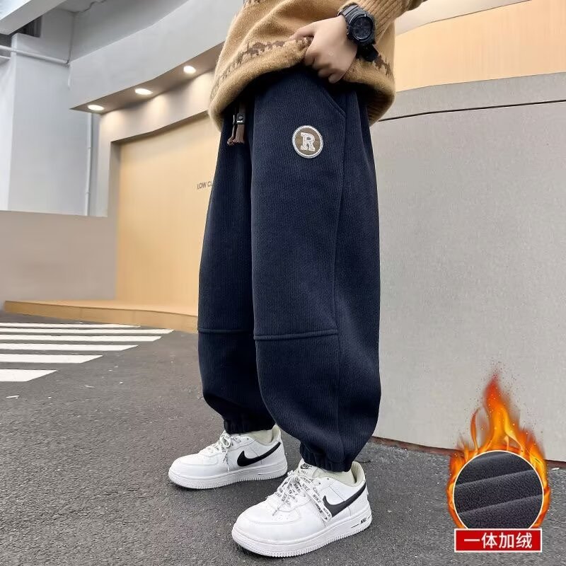 Boys' Winter Fleece-Lit Pants Autumn and Winter 2023 Loose Straight Pants Sweatpants