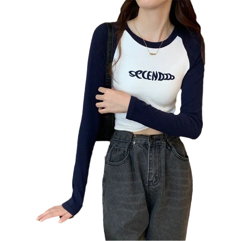 Pure Spice Girl Contrast Color Long-sleeved T-shirt Women's Autumn Design Sense Niche Ins Inner Short Shoulder Top Base Shirt