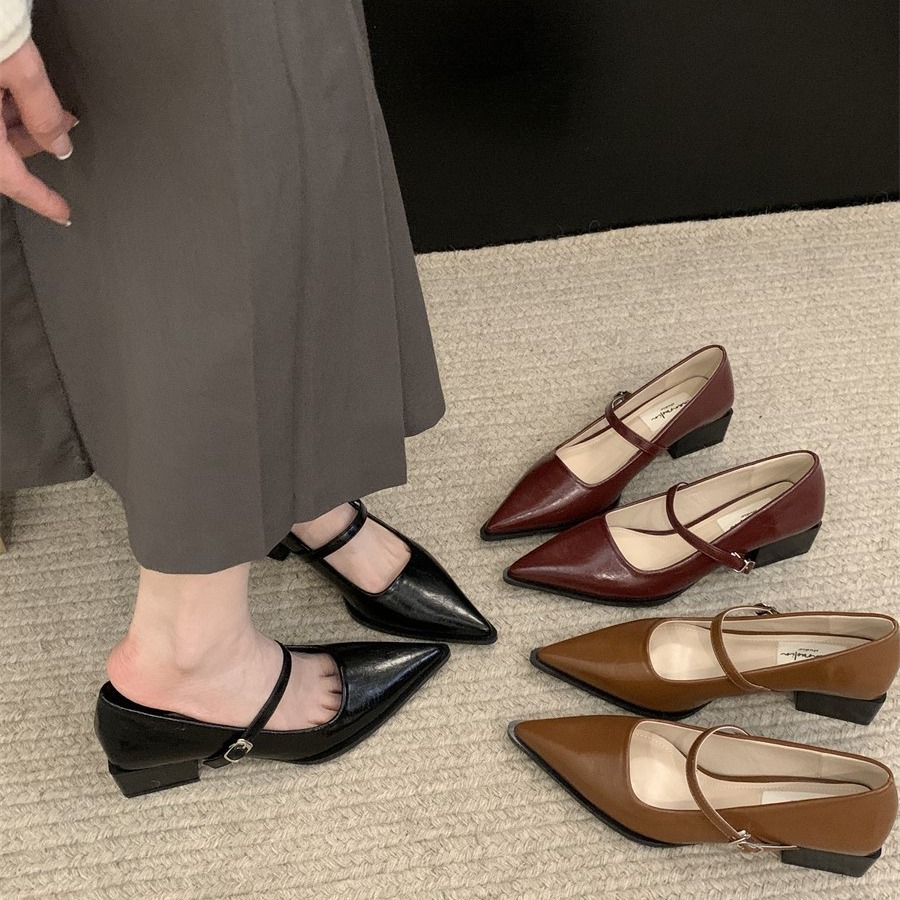 2024 Spring New Pointed Mary Jane Shoes Shallow Mouth Thick Heeled Red Wedding Shoes Temperament Socialite French Single Shoes Women's Shoes
