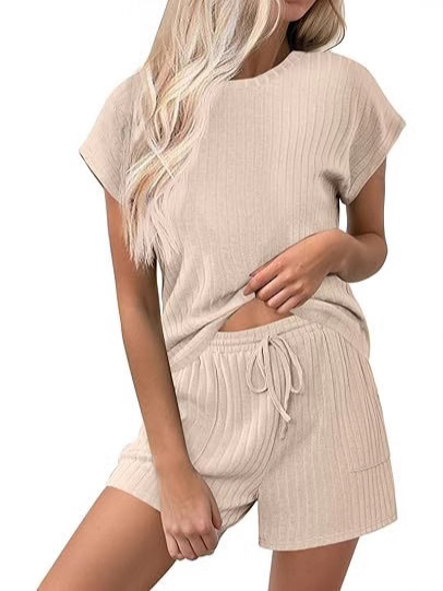 Cross-border Amazon Women's Pajamas Rib Knitted Casual suit Cap Sleeve Top and Shorts Home Wear with Pockets