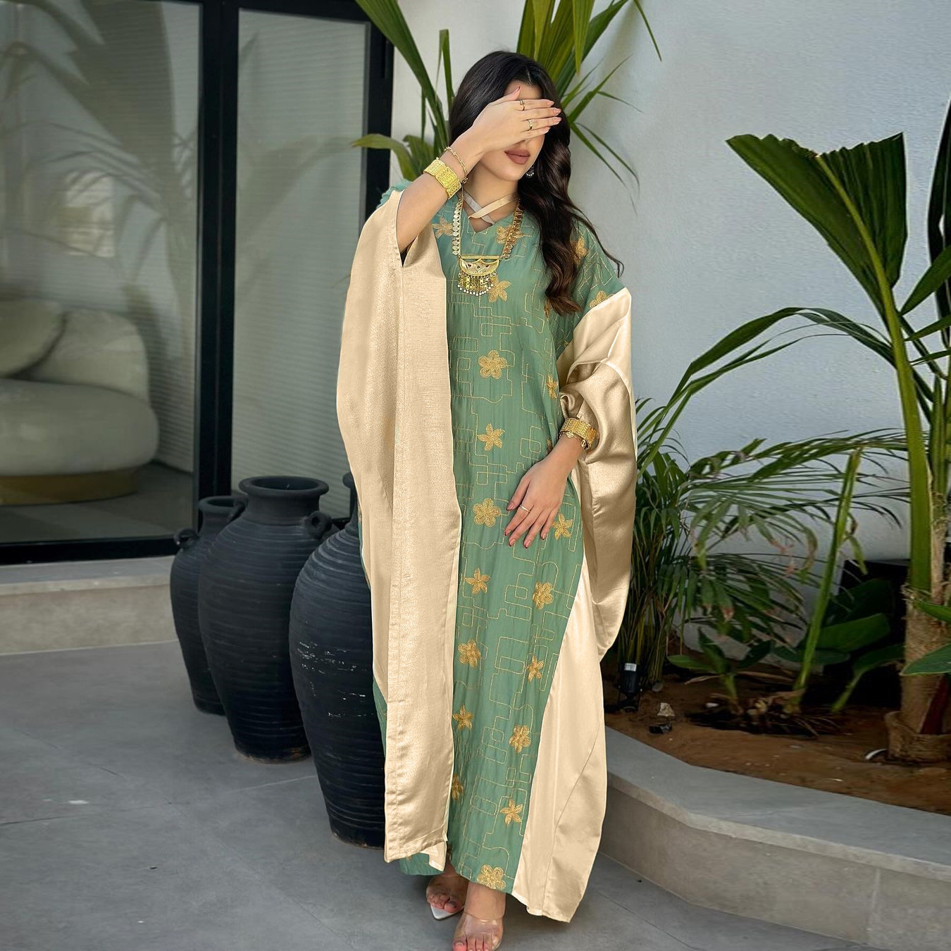 Picture of AB391 Arab Dubai Muslim women's embroidery color matching dress fashion jalabiya foreign trade e-commerce