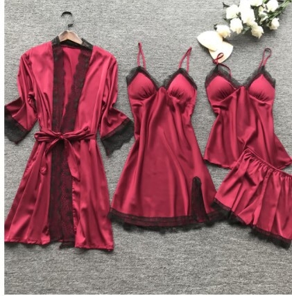 Cross-border pajamas women's sexy pajamas four-piece Korean-style strap pajamas women's homewear with chest pad nightgown