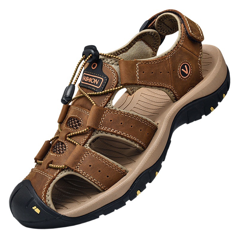 Summer cross-border plus size men's outdoor sports closed toe leather sandals casual anti-building rubber bottom upstream beach shoes