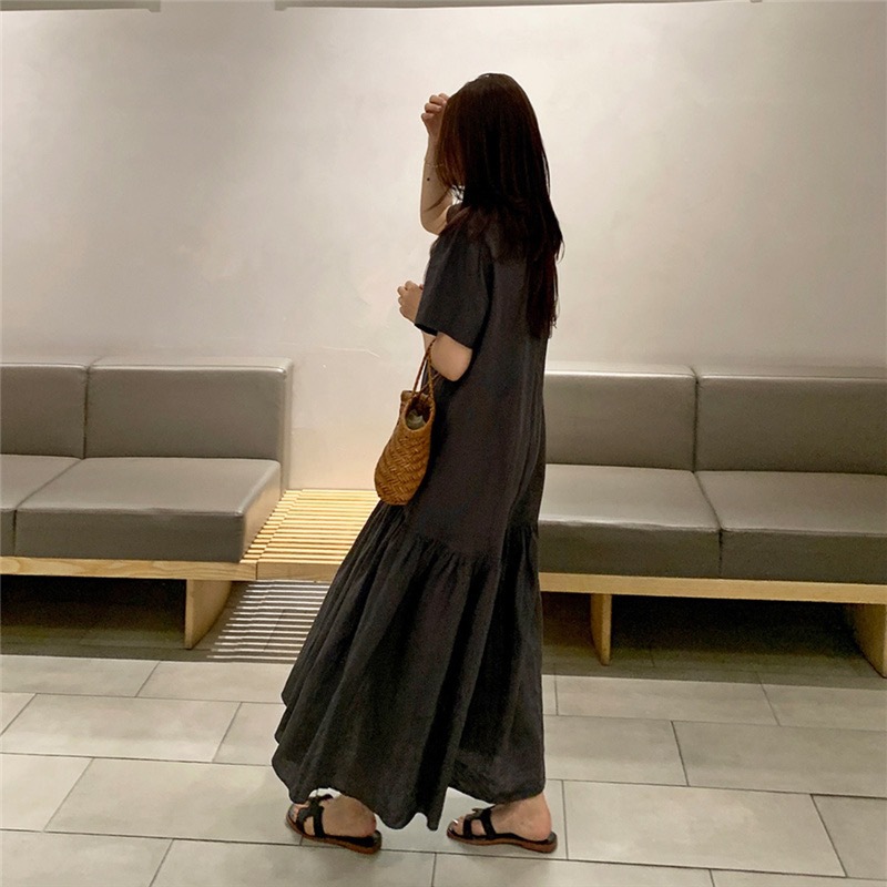 Picture of Japanese summer new style loose slimming short sleeve cotton linen dress women's casual retro to ankle Mori women's long skirt