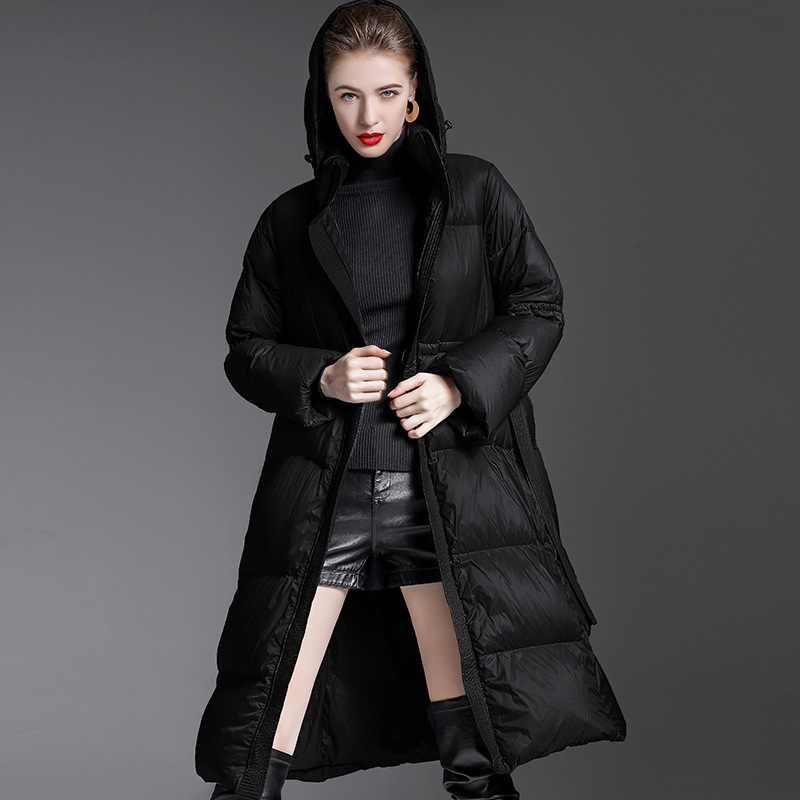 Picture of Hooded White Duck down down Jacket for Women 2025 Mid-Length Fashionable Classy Loose Thickeneded Lace-Up down Jacket