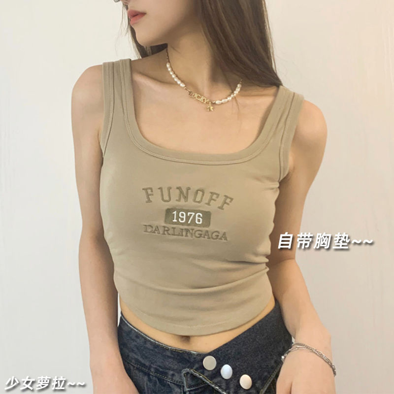 1976 Embroidered Sports Vest with Chest Pad Sling Women's Slim-fit Outer Wearing Short Bottoming Spice Girls All-match Top for Summer