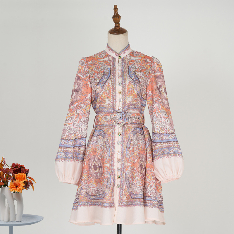Cross-border in stock European and American-style stand collar lantern sleeve diamond buckle large pendulum printed skirt elegant socialite temperament dress women