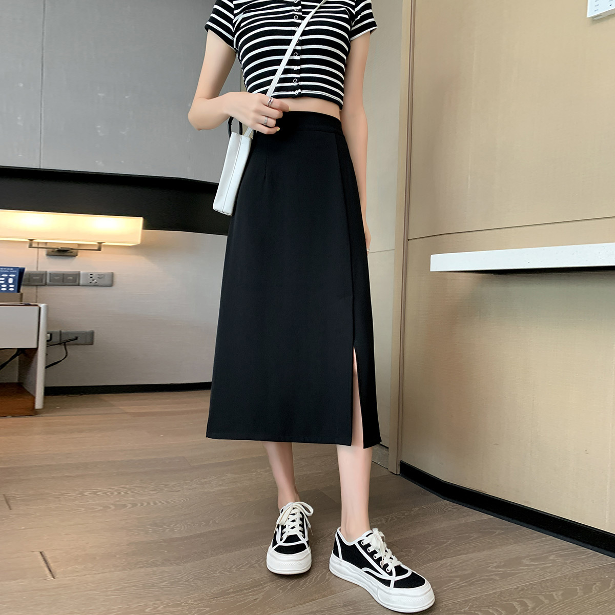 2024 New Black Suit Skirt Women's Spring and Summer Small High Waist A- Line Slimming All-Match Mid-Length Skirt