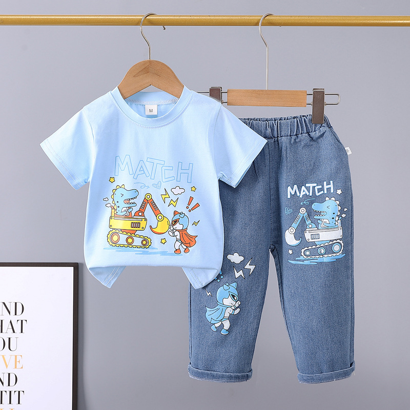 Picture of Summer 2024 new 0-5 years old children's suit cartoon car animal crew neck short sleeve jeans two piece cotton