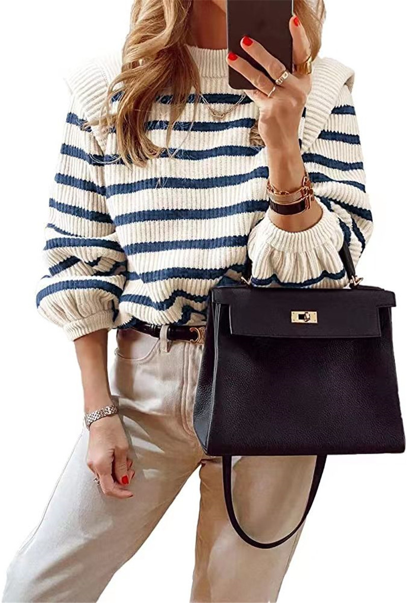 Picture of Aliexpress New 2025 Women's Fashion Striped Round Neck Puff Sleeve Sexy Knitted Sweater