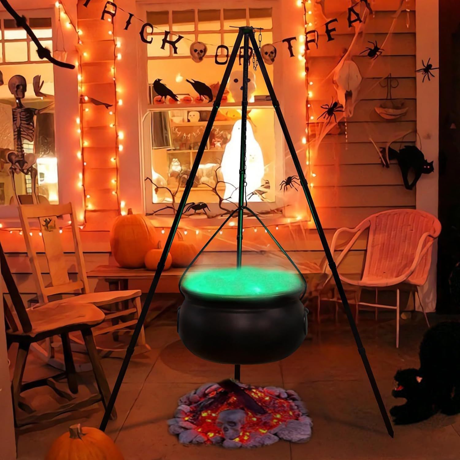 Large Witches Cauldron on Tripod Witch Cauldron on Tripod with Lamp Decoration