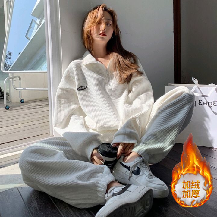410# fleece-lined sportswear suit female 2023 autumn and winter students Korean style loose fashion casual two-piece cross-border
