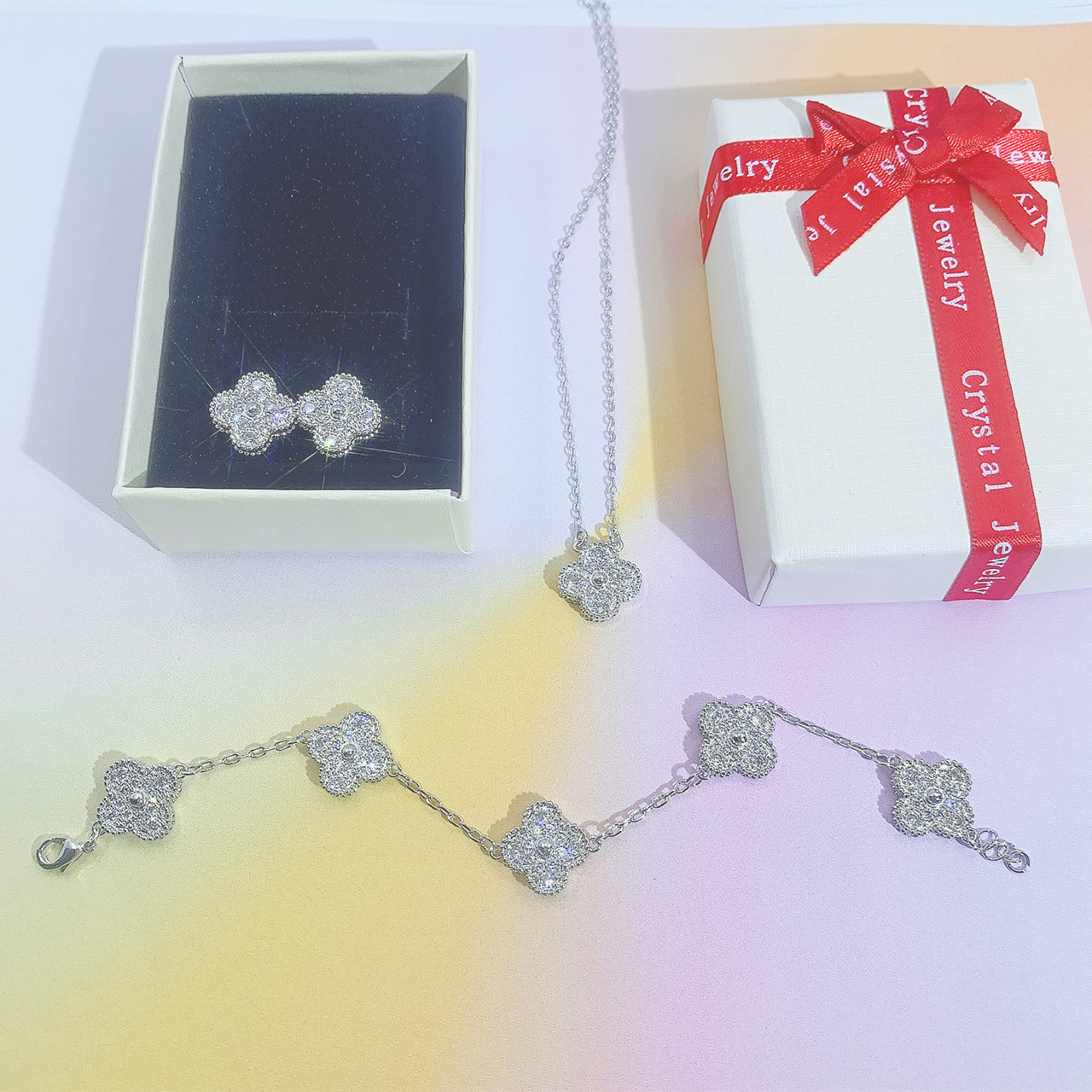 Micro-inlaid Zircon Four-leaf Clover Necklace Women's Niche Design Light Luxury Bracelet Earrings with Diamond All-match Set
