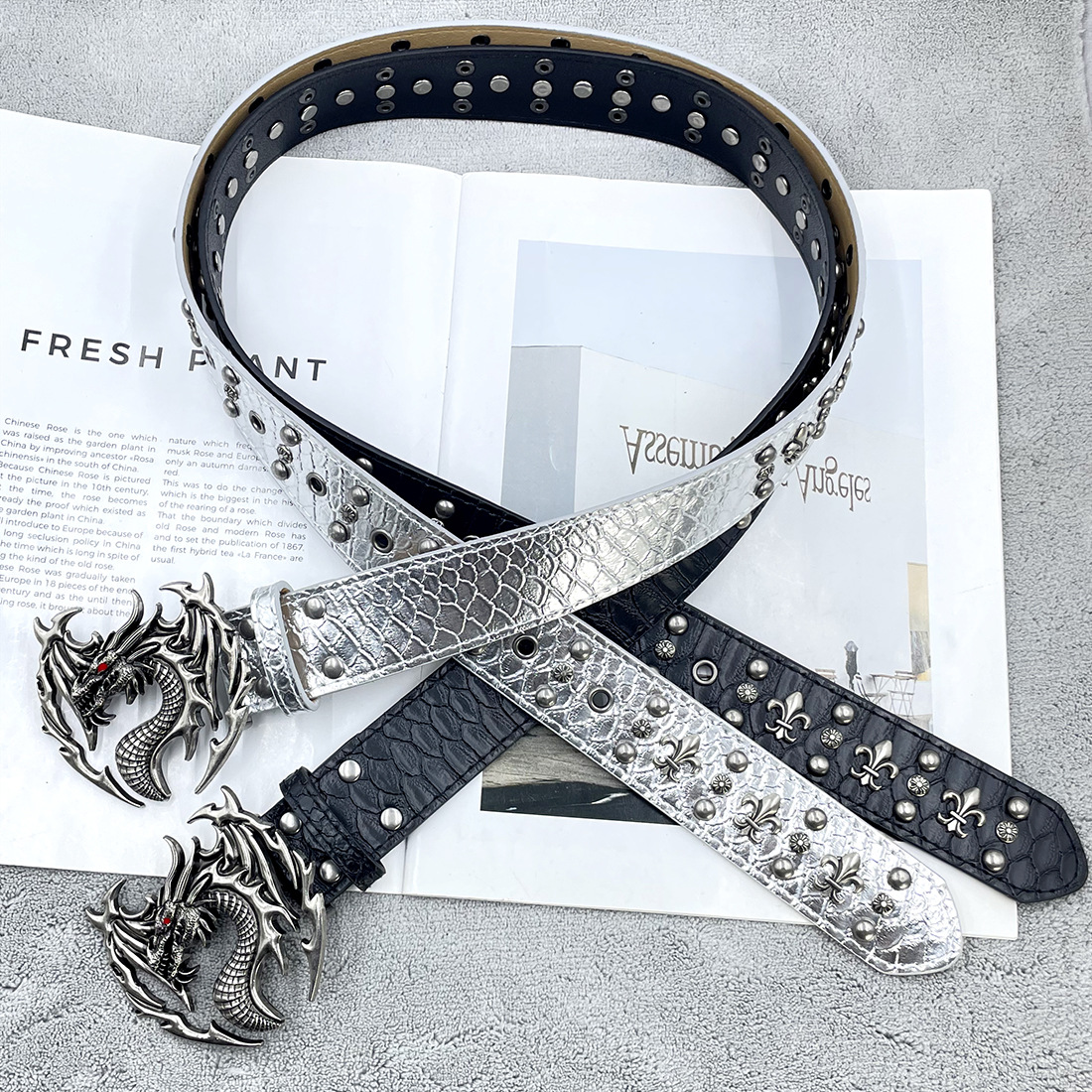 Red-eyed fire dragon guardian wings high-end twin doji street rock vintage handmade imitation cowhide belt