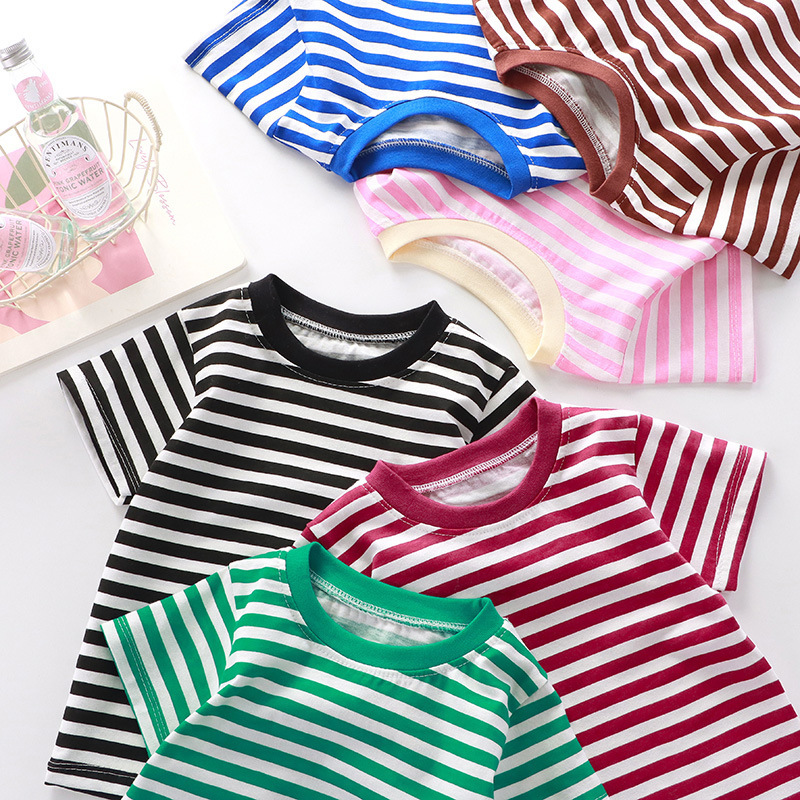 New children's T-shirt summer short sleeve cotton boys and girls single baby base shirt manufacturers wholesale stripes