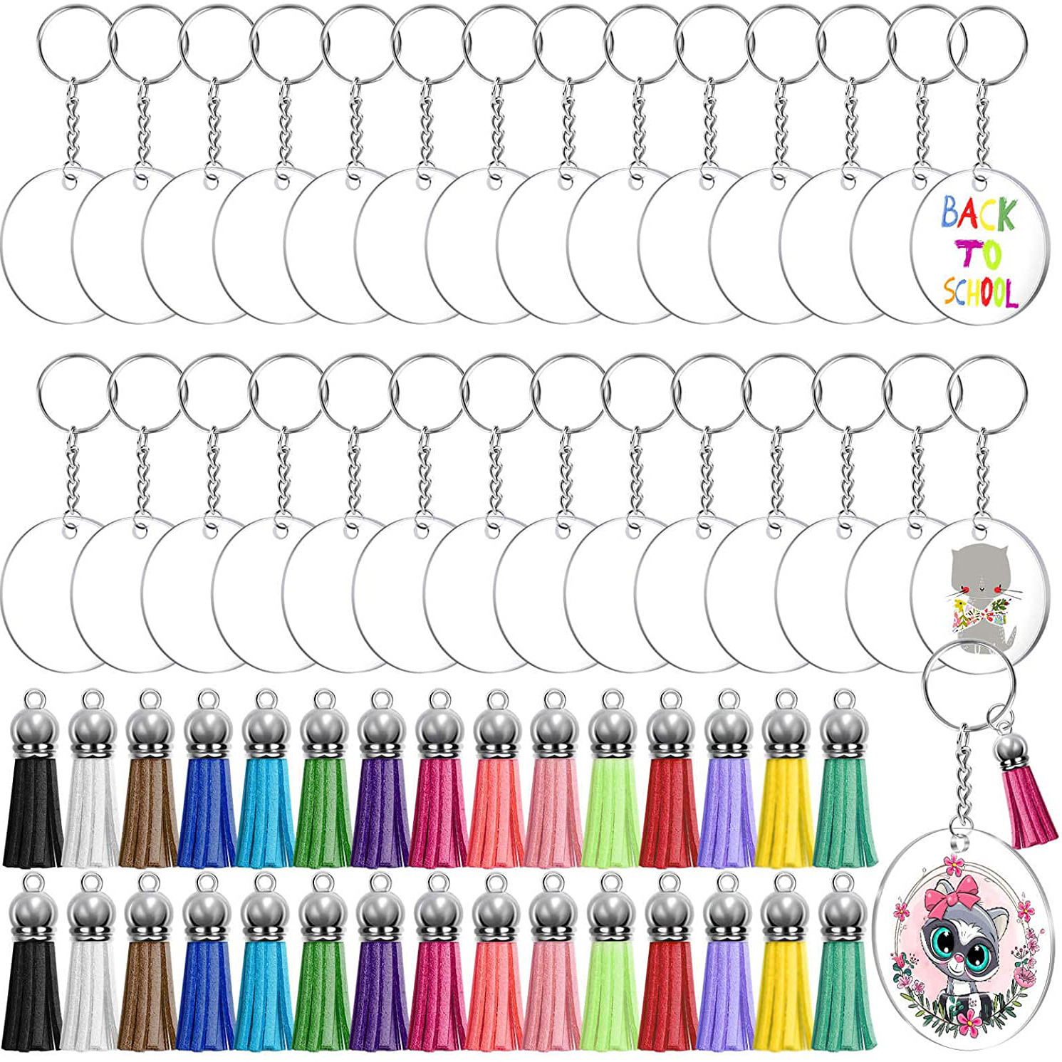 Creative Cross-Border DIY Crafts Multi-Color Tassel Pendant Round Acrylic Key Chain Blank Pendant Set Wholesale
