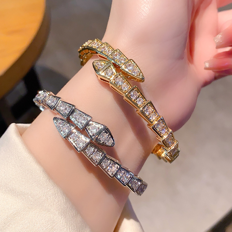 Picture of Factory direct thick gold spring full diamond snake bracelet women 18 rose gold open jewelry snake bone bracelet second generation hair
