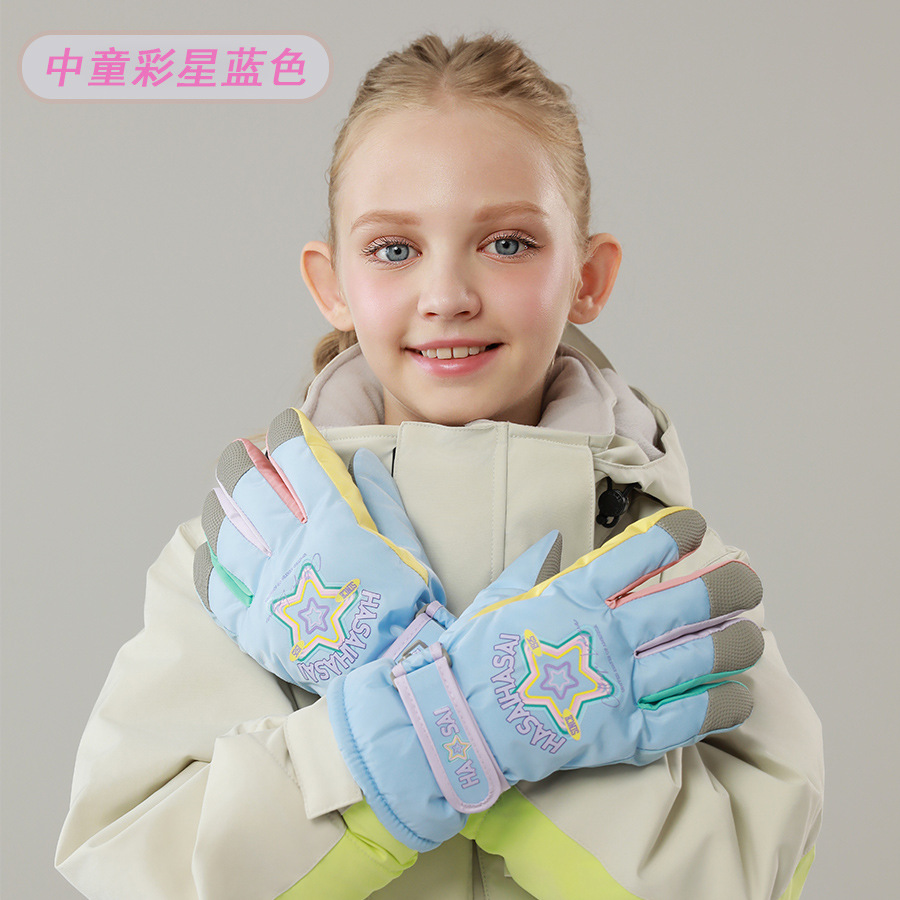 Picture of Children's ski gloves, knitted warm wrist pads, full touchscreen printed waterproof thickened gloves, children's ski gloves