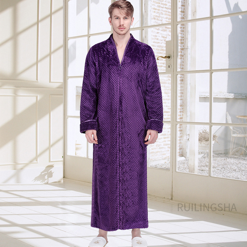 Picture of Couple Autumn and Winter Thickeneded Warm Flannel Nightgown Women's Long Men's Large Size Coral Velvet Bathrobe Zipper Pajama Dress