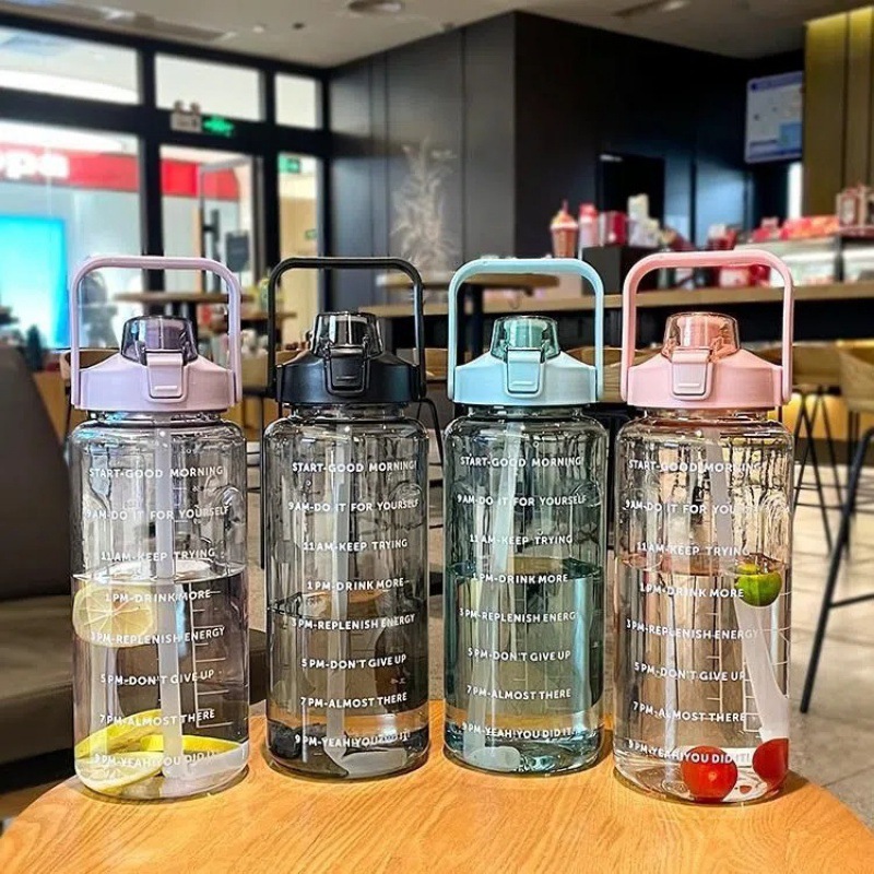 Large Capacity Water Cup 2L Internet Celebrity Ins Fashionable Suction Tube Cup Sport with Scale Portable Simple Leak-proof Portable Drop-resistant