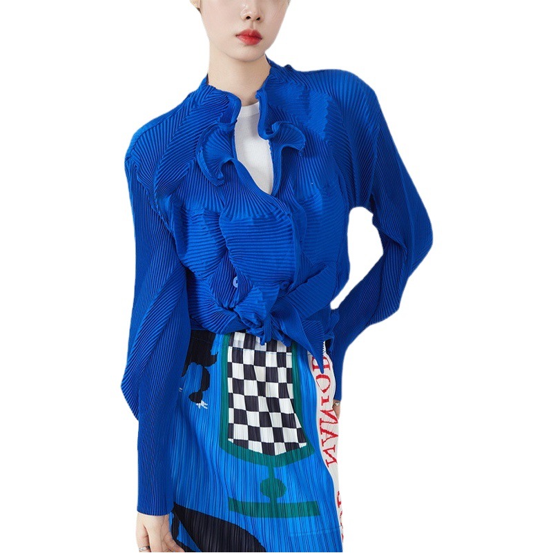 Miyake Cardigan Pure Color Commuter Long-Sleeved Top Pleated Main Line Limited Handmade Bud Elegant and Fashionable Short Outwear for Women