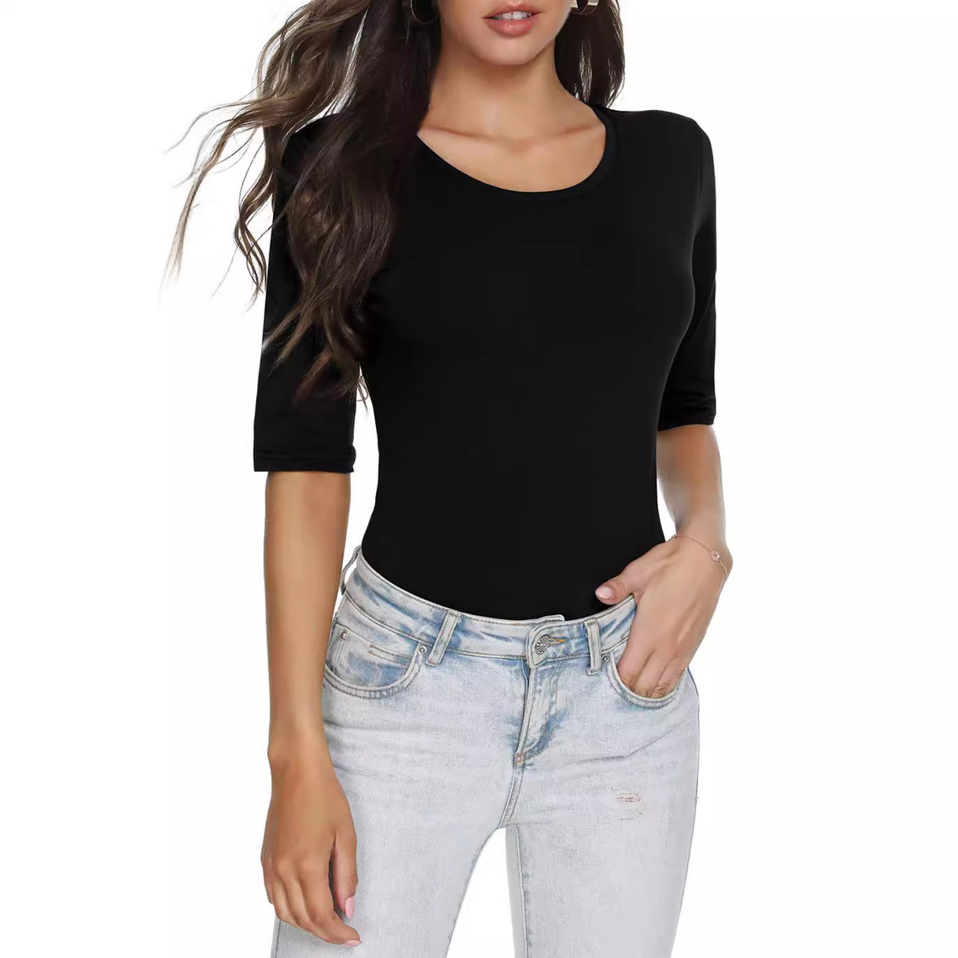 Picture of Cross-border 2024 Amazon wish European and American Foreign Trade Women's New Spring and Summer Casual Round Neck Five-point Sleeve Top for Women