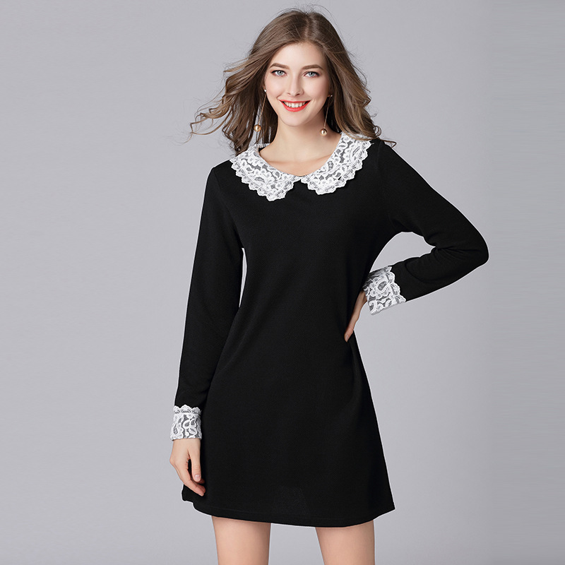 Picture of Large size lace dress Spring and Autumn New Jane lapel lace stitching loose skirt 200kg AliExpress