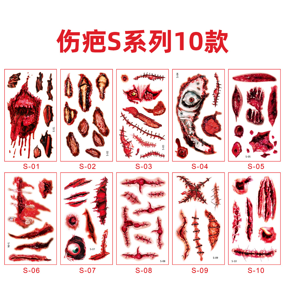 Picture of 21 New Halloween Scar Tattoo Body Sticker Waterproof Sweat Horrible Bloody Wound Scar Makeup Party Temporary Face Sticker