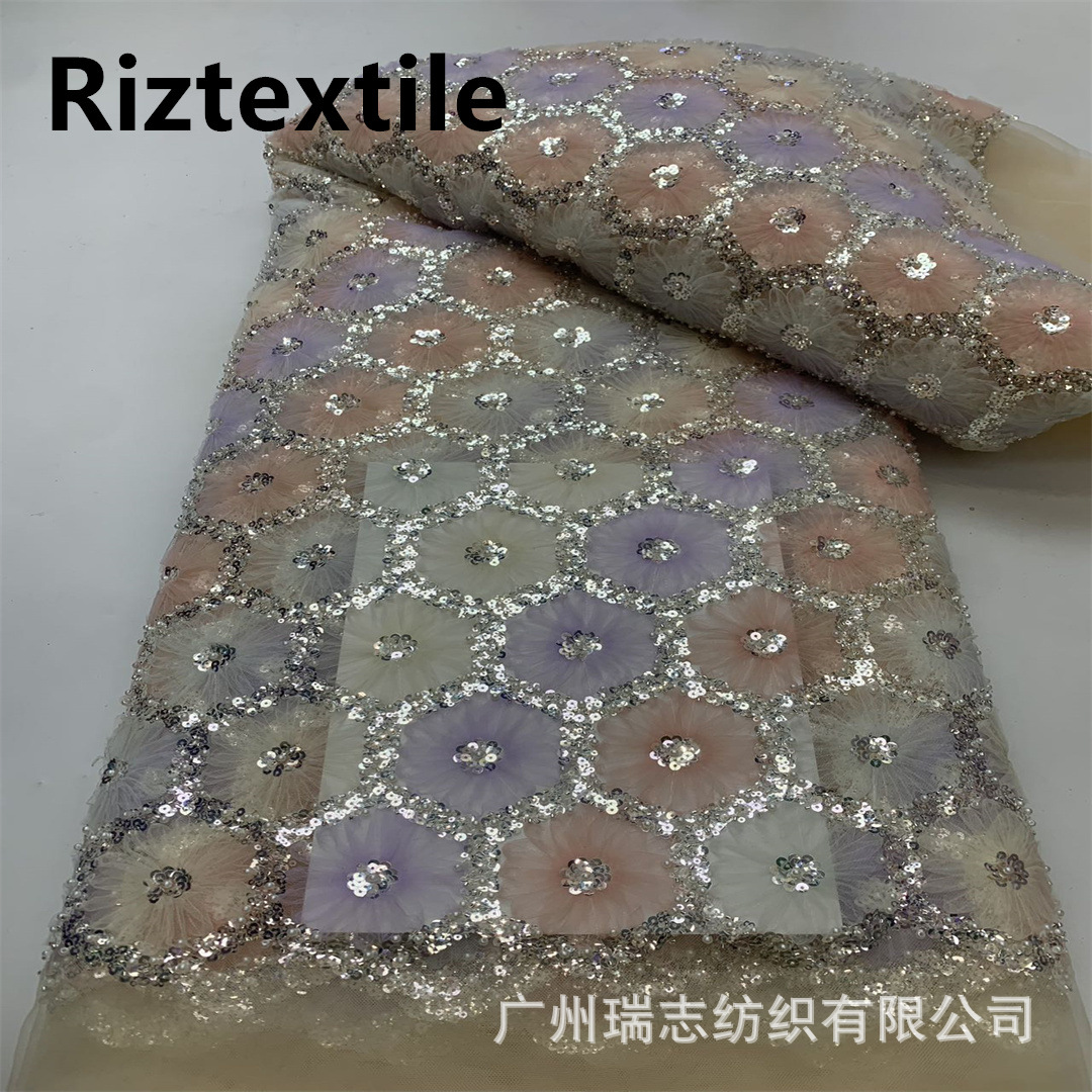 Picture of New Arrival Flower Dress dress Fabric Fashion Hexagon Sequins Bead Tube Embroidery Gorgeous Wedding Dress Mesh Embroidered Fabric