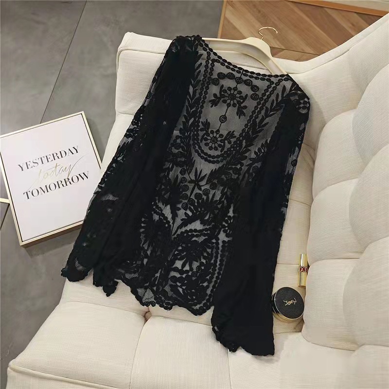 Lace cardigan outdoor sun protection clothing women's summer thin shawl top crocheted hollow blouse long sleeve air conditioning shirt Cotton