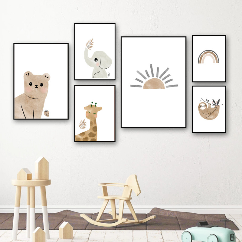 Picture of Amazon Nordic Poster Cartoon Bear Elephant Giraffe Sloth Sun Rainbow Mural Children's Room Decoration Poster