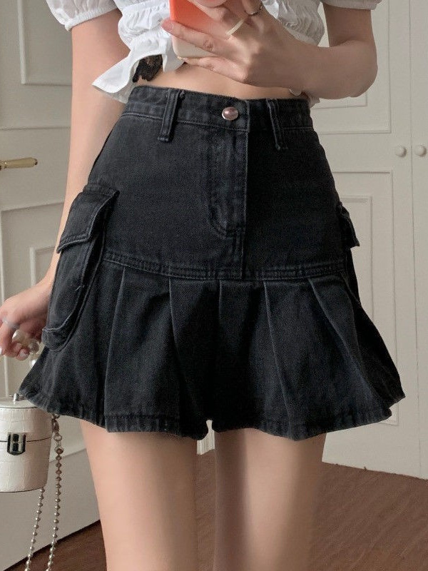 Vintage Spice Girl Denim Skirt 2025 Summer Fashion High Waist Niche Slimming Fishtail Hip Covering Pleated A- line Skirt