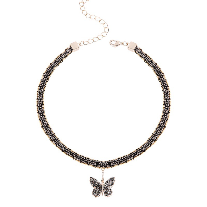 Black Sexy Lace Flash Diamond Butterfly Necklace Women's Short Collarbone Chain Neck Jewelry Neck Strap Elegant Simple Accessories