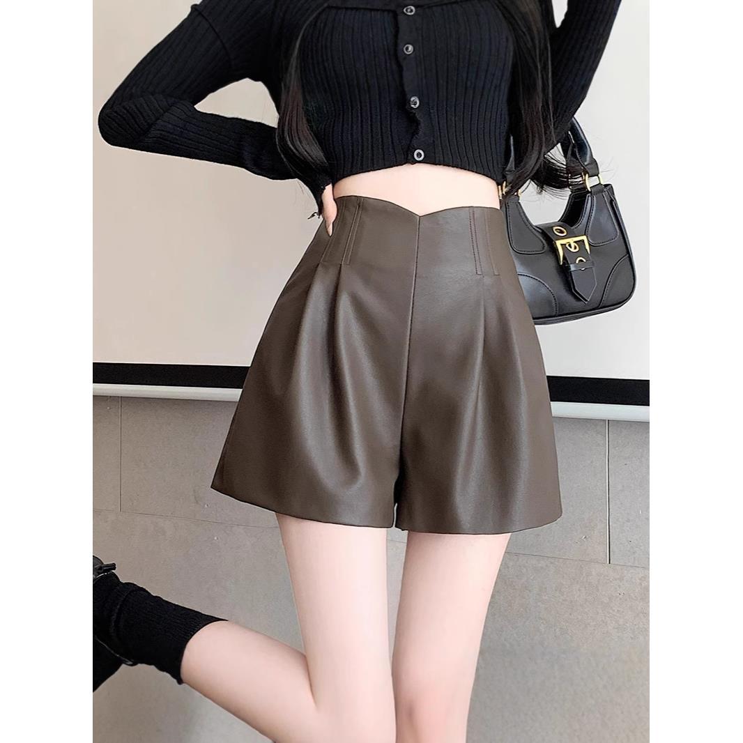 Outer Wearing Winter Pants Women's New Puleather Petite Wide Leg Pants Slimming Black Spring and Autumn High Waist Loose 2024 Shorts