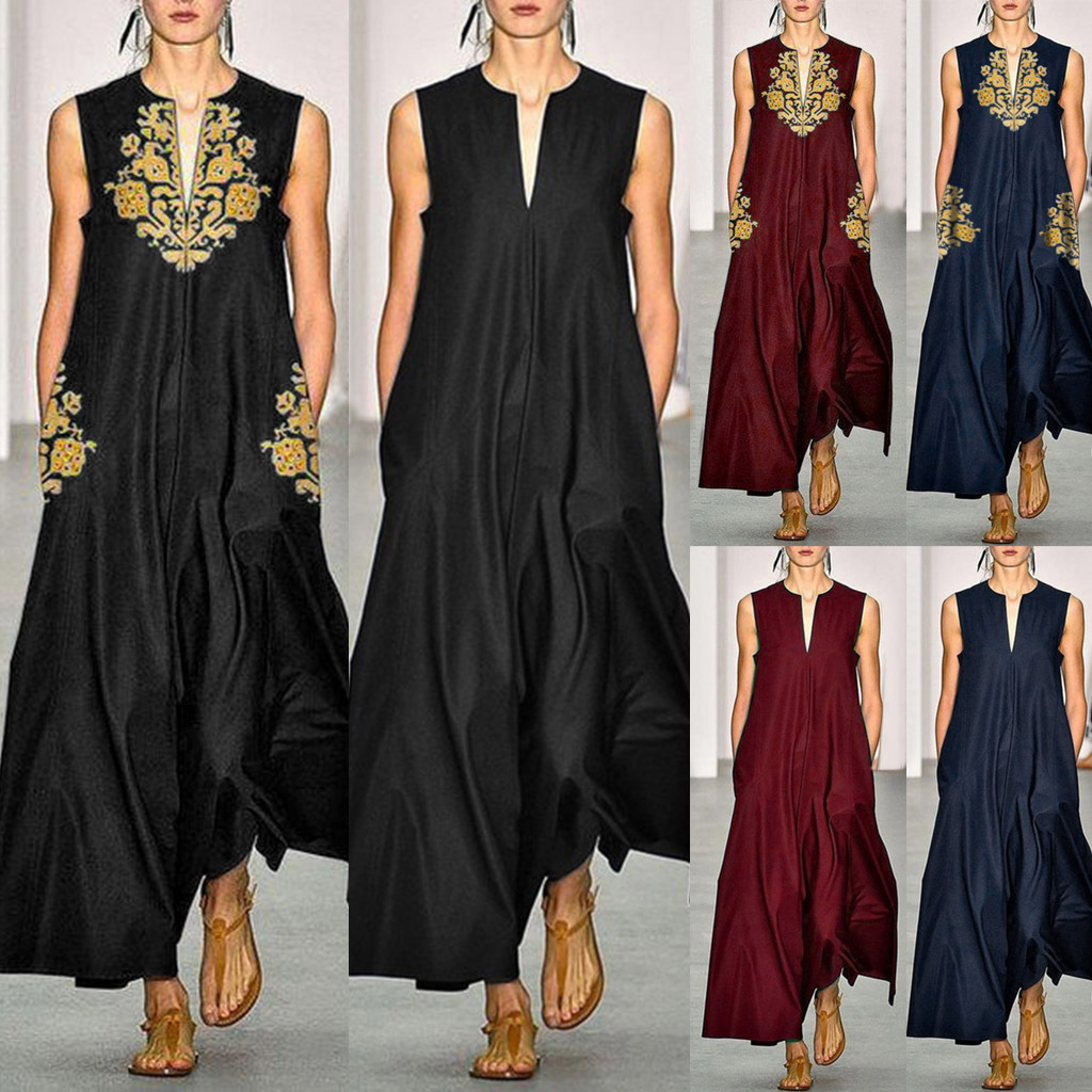 Amazon Cross-Border European and American New Loose Retro Deep V Neck Printed Large Hem Dress Sleeveless Long Skirt Dress