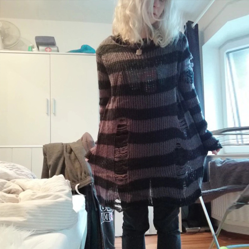 Picture of Mohair New European and American Export Loose Stripesd Knitwear Women's Mid-Length Pullover Hole Thin Cross-Border Knitwear