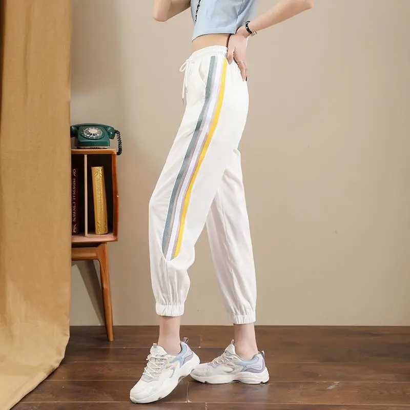 Cross-border Sports Pants Women's Summer Thin Slimming Cropped Pants High Waist Drawstring Contrast Color Loose Casual Carrot Pants