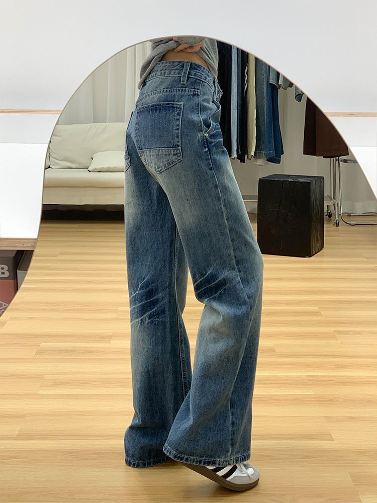 Tall American Retro Cracked Bootcut Jeans 2025 Spring and Autum New High-Waisted Loose Draped Wide-Leg Pants