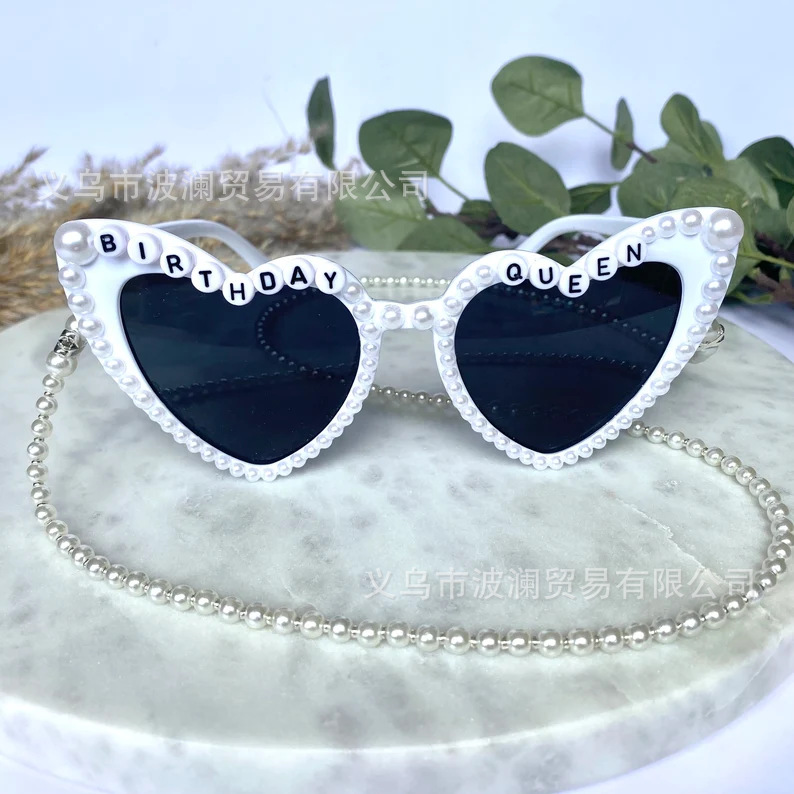 Cross-Border Birthday Queen White Heart-Shaped Pearl Glasses Sunglasses Girls Birthday Party