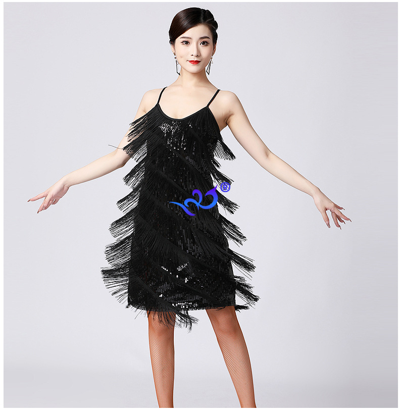 Picture of Latin Dance Sequined Tassel Skirt Latin Dance Skirt V Neck Party Dance Skirt Performance Clothing Stage Performance Competition Clothing