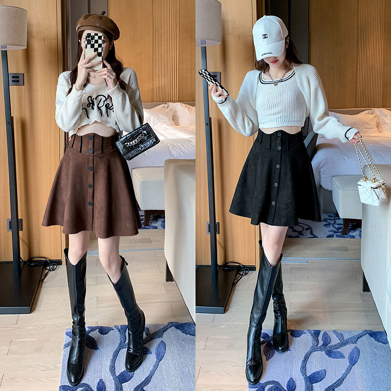 Deerskin Fleece Skirt Women's plus size Design Sense Fishbone Puffy Pleated Skirt Spring and Autumn High Waist A- Line Large Swing Skirt Trendy