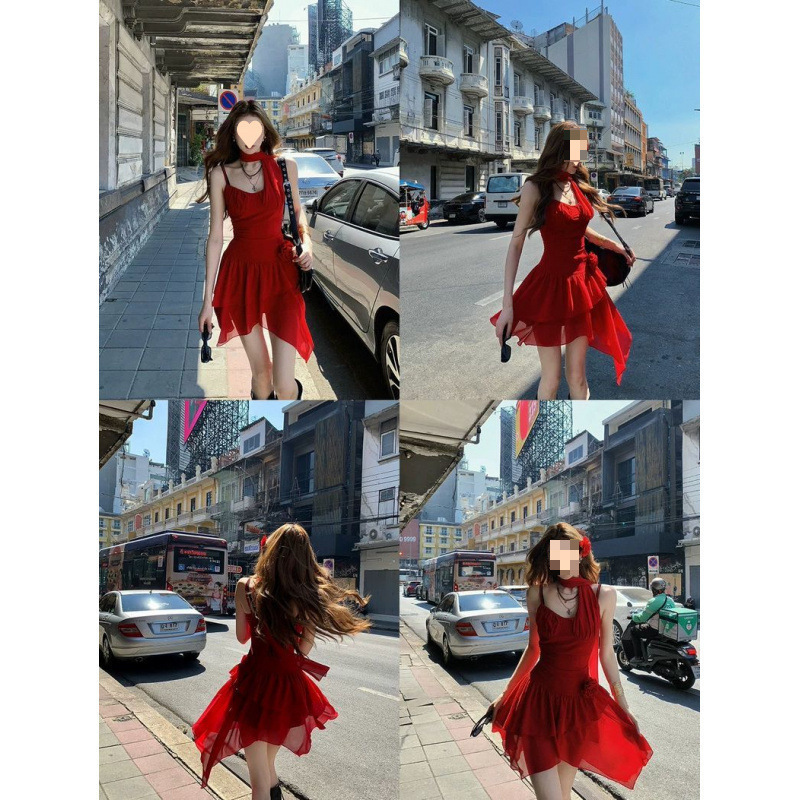 Korean Design Red Irregular Chic Waist Dress Women's 2025 Spring and Summer New Skirt