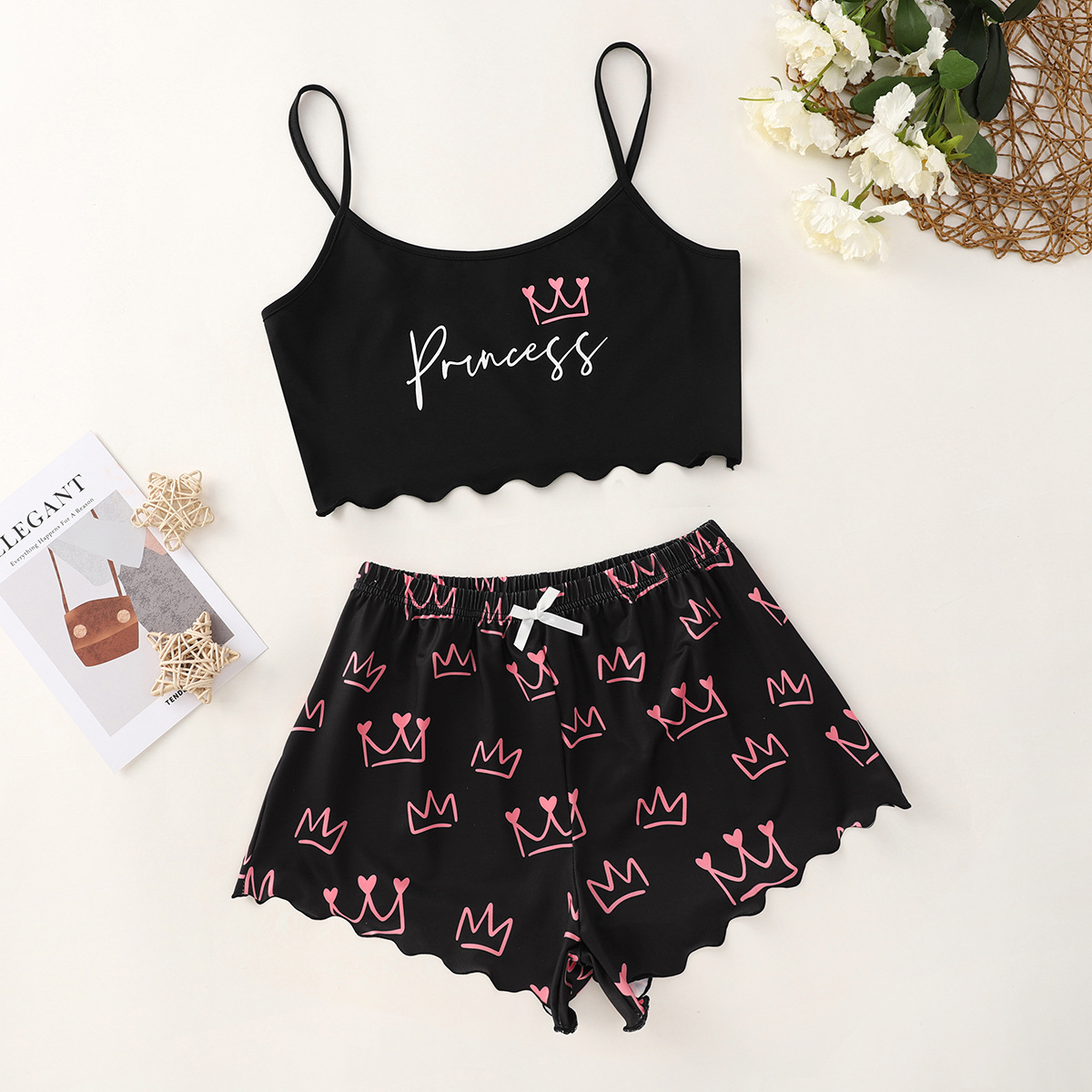 NEW LETTERS PRINT Sling Top and Crown Print Shorts Home Wear Set TL9616