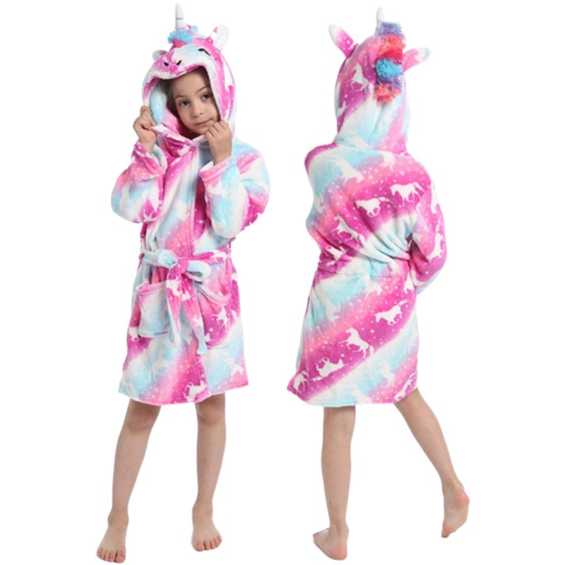 New Rainbow Pegasus Oversized Children's Bathrobe Flannel Cartoon Couple Style Loungewear Nightgown Animal Starry Sky