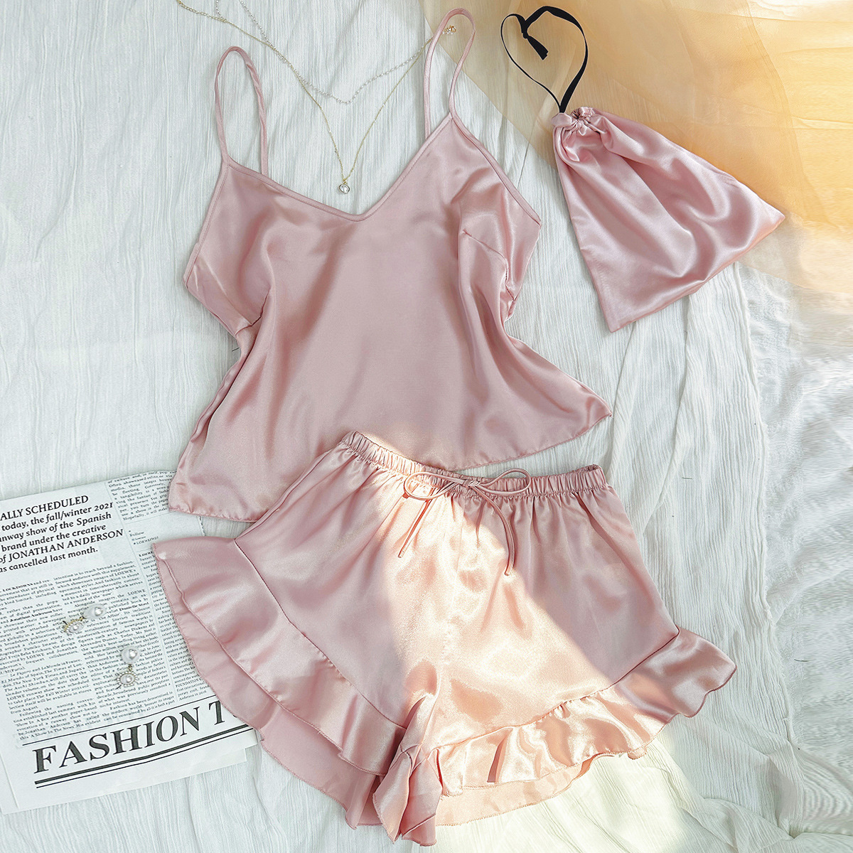 Fashion Ice Silk Pajamas Women's Summer Sexy Sling Small Vest Shorts Three-piece Set Thin Women's Home Clothes Nightdress