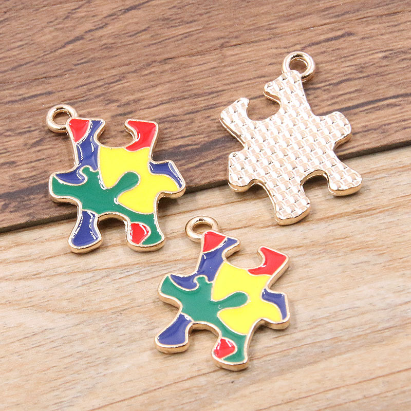 Picture of 8 Styles, 2 Colors DIY Alloy Jewelry Contrasting Color Puzzle Autism Pendant Round Heart Puzzle Asymmetrical Pendant