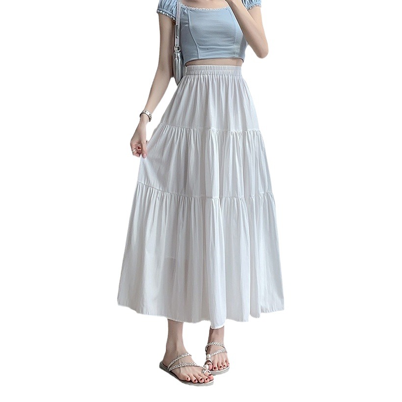 2024 White Stitching Summer Skirt Women's High Waist Solid Color Slimming All-match Large Skirt A- line Casual Midi Dress